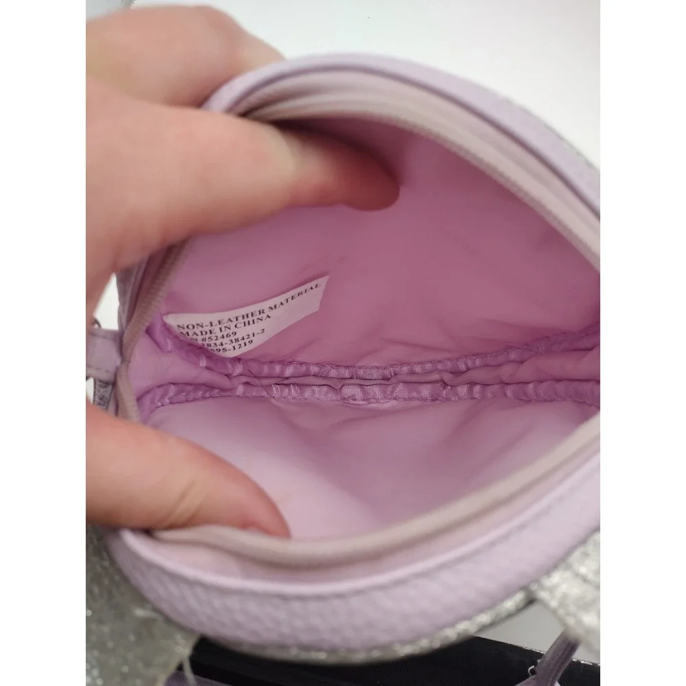 Girls Silver Glitter Cat Face Crossbody Bag Lavender Heart Sunglasses Purse